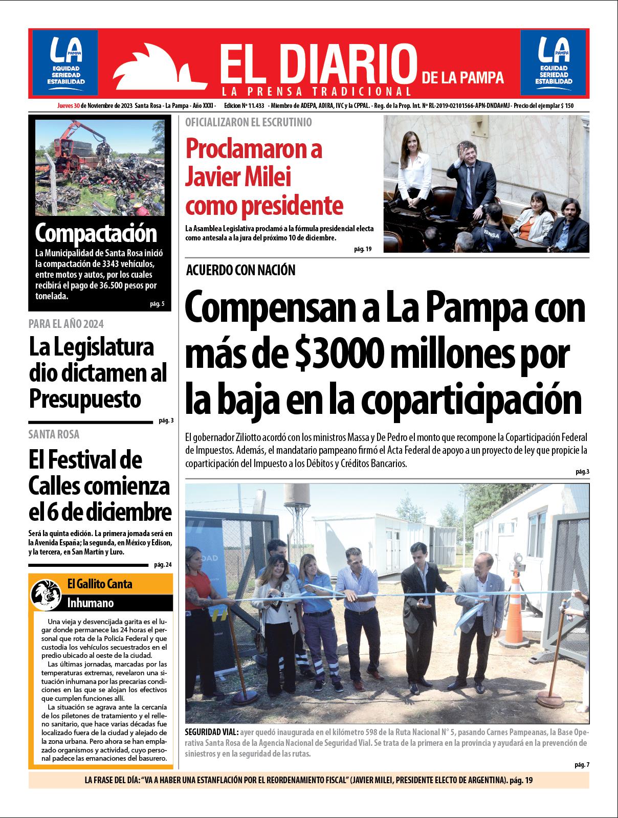 Tapa de El Diario en papel  jueves 30 de noviembre de 2023